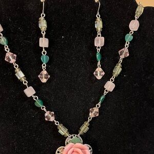 Pink rose matching necklace and earrings set on silver tone beaded necklace 17 “